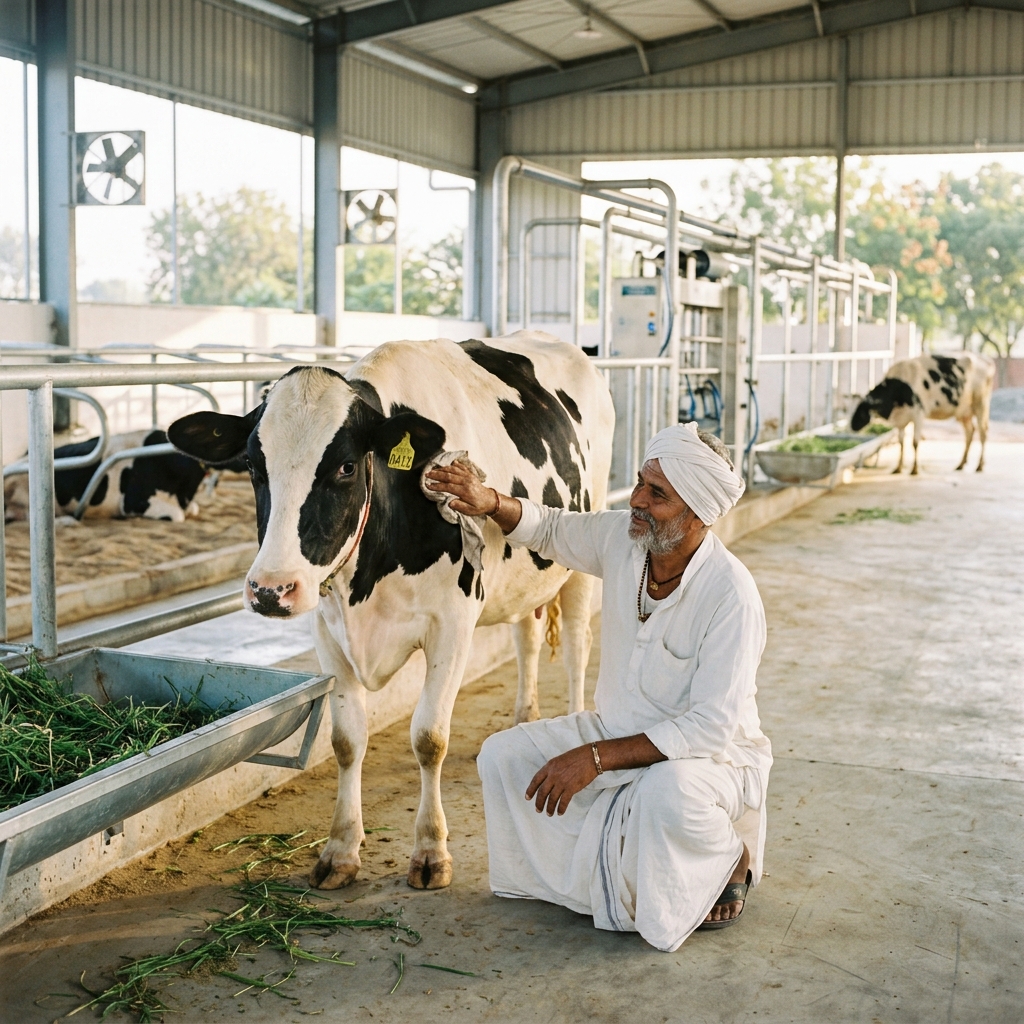 Traditional Farmer Caring for Cows
